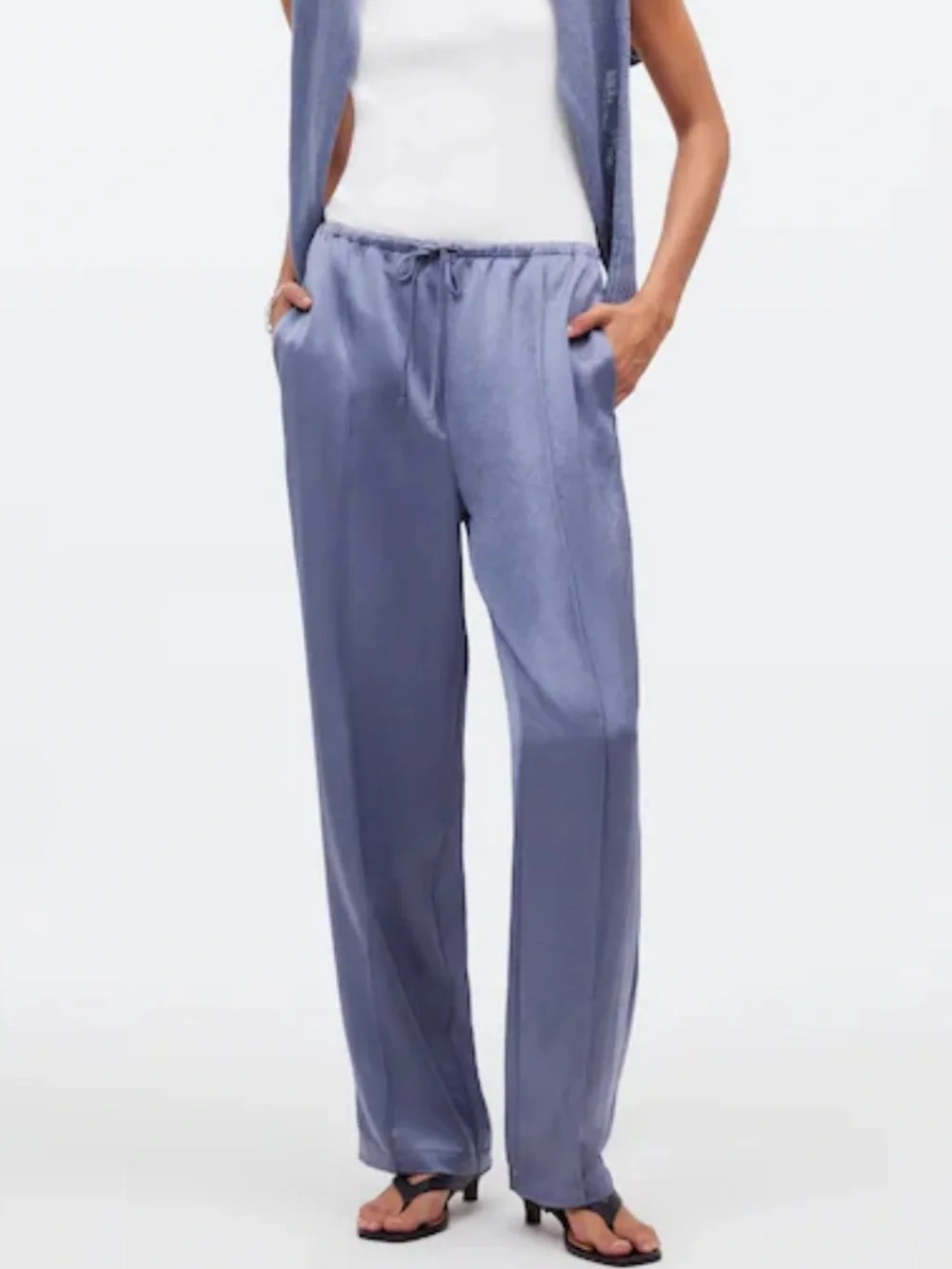 Madewell Satin Wide-Leg Drawstring Pants — Slate Blue